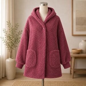 Jill Martin Sherpa Hoodie Womens 2X/3X Burgundy Wine Glass Graphic Oversized